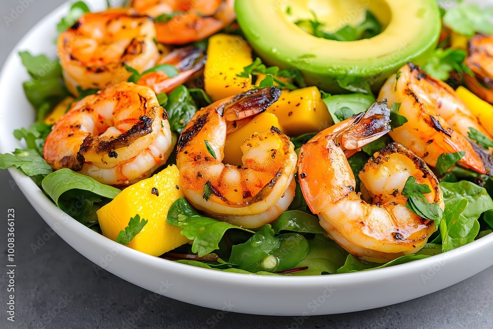 A Grilled Shrimp And Avocado Salad With Mixed Greens, Mango Slices, And A Lime Cilantro Dressing, Healthy Food Photography, Food Healthy Menu Style Photo Image