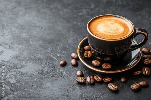 Aromatic morning espresso with fresh coffee beans on dark background