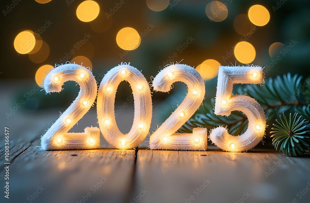 Glowing backlit numbers 2025 on a blurred background with bokeh lights with pine branches. Happy New Year. Festive horizontal banner, card. Glowing backlit numbers 2025 on a blurred background with bokeh lights with pine branches. Happy New Year. Festive horizontal banner, card.