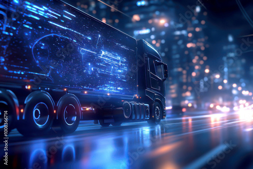 Futuristic truck illuminated by neon lights cruising through a city at night, showcasing vibrant urban life and technology. photo