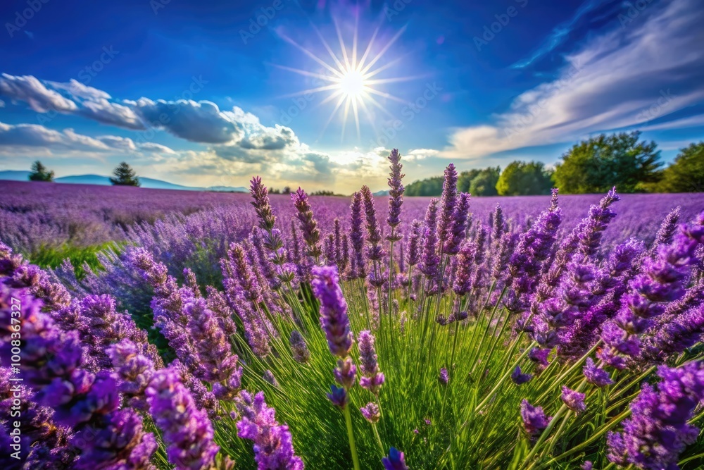 Obraz premium Beautiful French Lavender Fields in Bloom Under Clear Blue Skies and Bright Sunshine During Summer