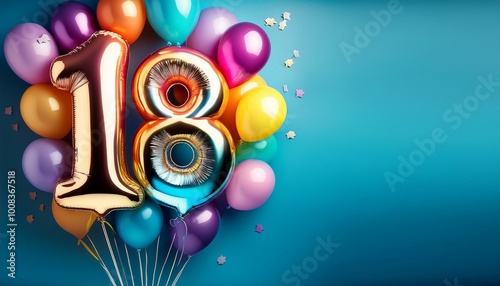 Banner with number 18 colorful balloons with copy space