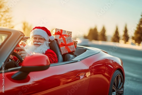 Santa Claus joyfully driving a red convertible with holiday gifts in winter. Generative AI photo