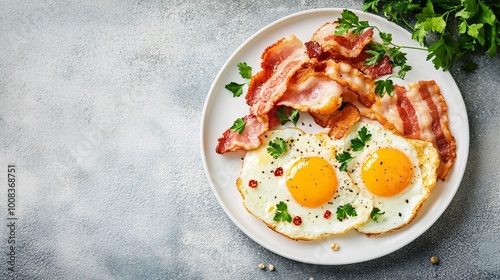 Fried eggs and bacon on a plate with copy space