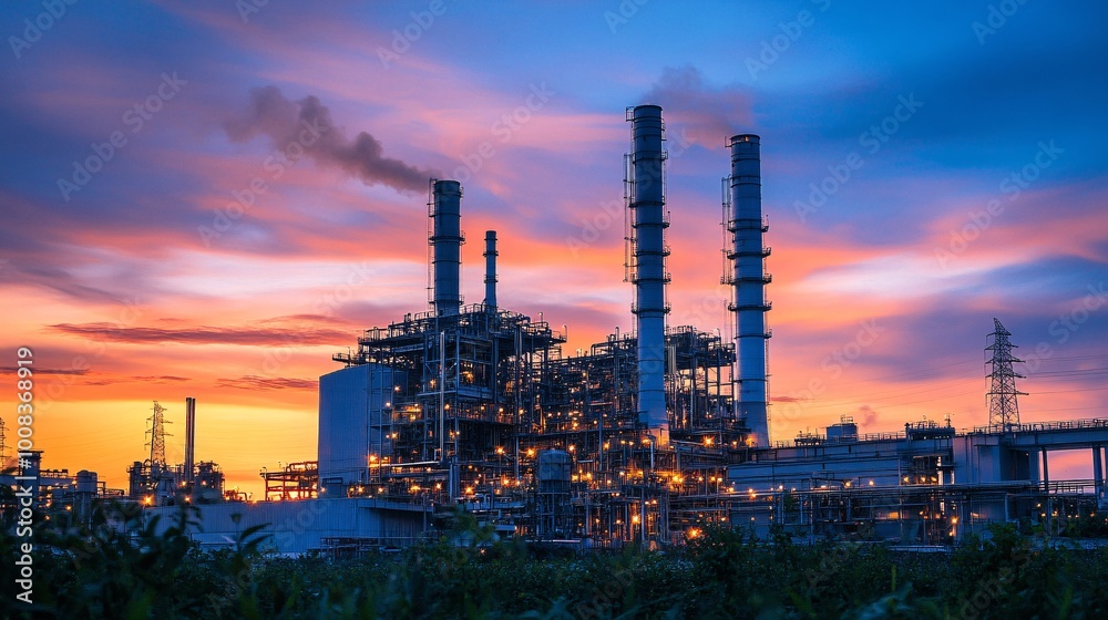 A stunning view of an oil refinery illuminated at night, showcasing its towering chimneys and pipes against a vibrant sunset sky, highlighting the industrial energy production and environmental impact A stunning view of an oil refinery illuminated at night, showcasing its towering chimneys and pipes against a vibrant sunset sky, highlighting the industrial energy production and environmental impact