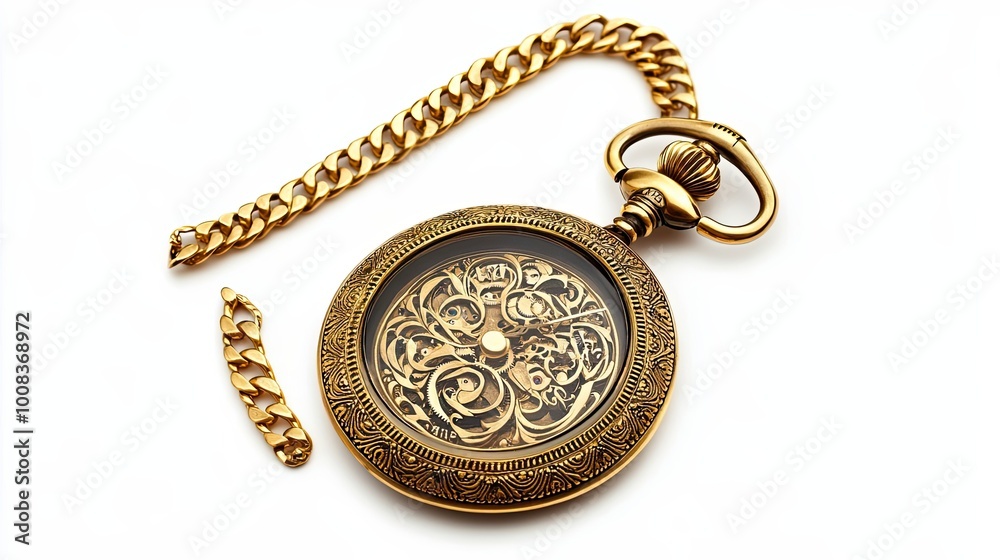 Gold Pocket Watch with Exposed Gearwork and Chain