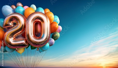 Banner with number 20 colorful balloons with copy space