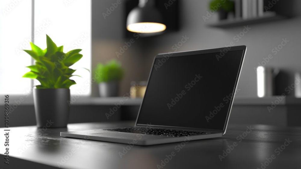 Modern Workspace with Laptop and Green Plant Modern Workspace with Laptop and Green Plant