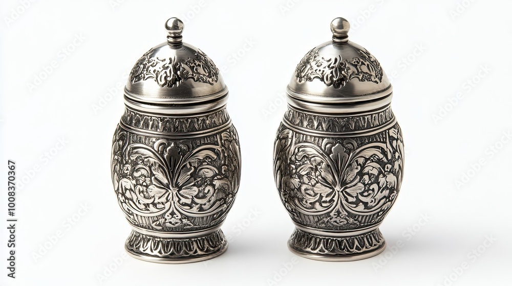 Two Ornate Silver Containers with Intricate Floral Designs Two Ornate Silver Containers with Intricate Floral Designs