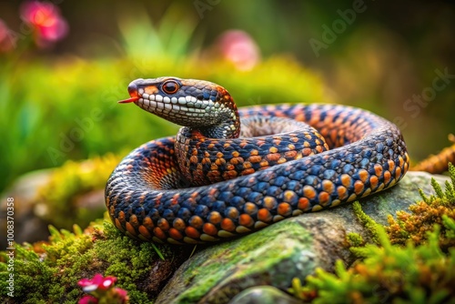 Beautiful Spreading Adder Coiled on a Rock in Natural Habitat Surrounded by Lush Greenery and Grass