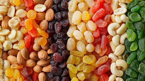 Fototapeta Naklejka Na Ścianę i Meble -  Colorful assortment of dried fruits and nuts arranged neatly on a wooden surface showcasing variety and texture