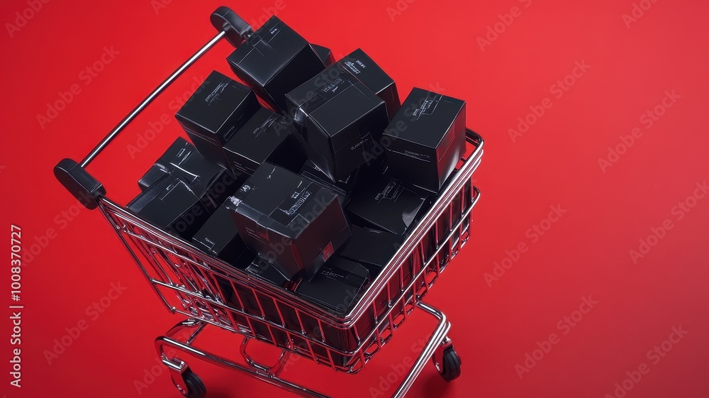Naklejka premium Paper boxes parcel in a trolley,concept shopping online and service home delivery,black friday,Shopping cart supermarket with boxes,Sales of products,goods through online trading platforms.