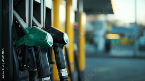 Colorful fuel gasoline dispenser background. Fuel pumps station close up, copy space. Close up gas pump nozzles on station.