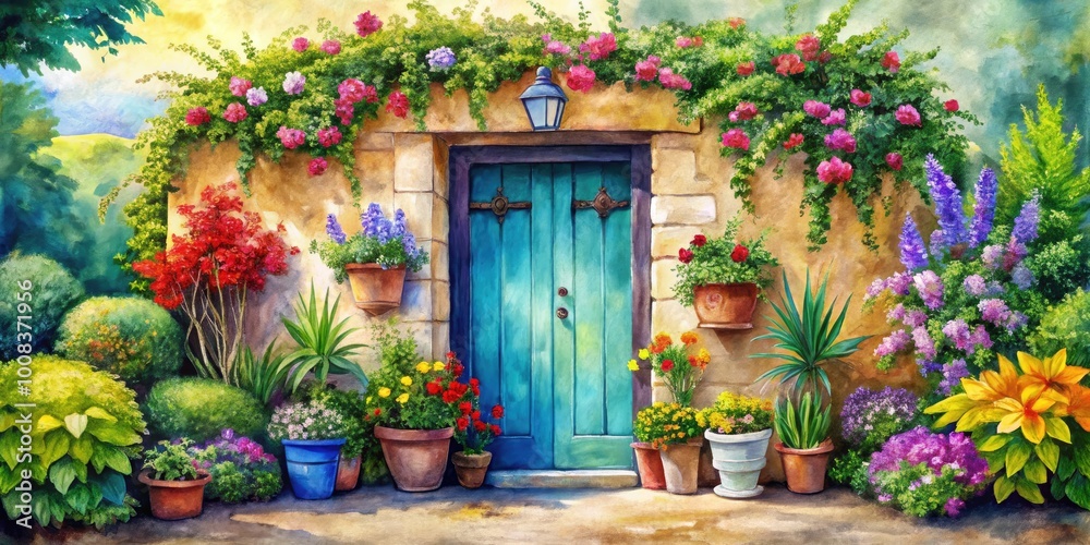 Fototapeta premium Beautiful Watercolor Illustration of a Door Surrounded by Vibrant Colorful Plants and Flowers