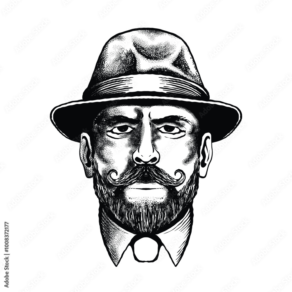 Mafia wearing a hat, hand drawing, detailed pointilism