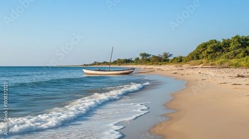 A small boat sits on the shore of a sandy beach with clear blue water and a forest in the background.
