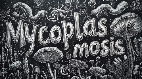 Mycoplasmosis text art with hand-drawn mushrooms and microorganisms photo