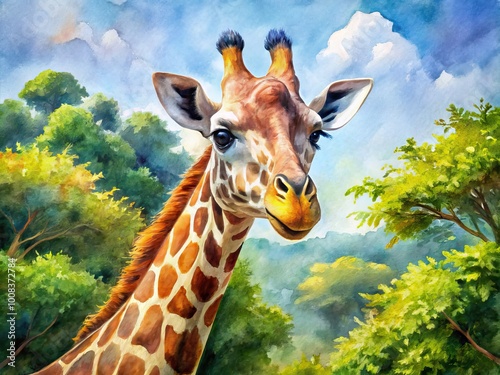 Beautiful Watercolor Painting of a Giraffe in a Natural Habitat with Vibrant Colors and Details