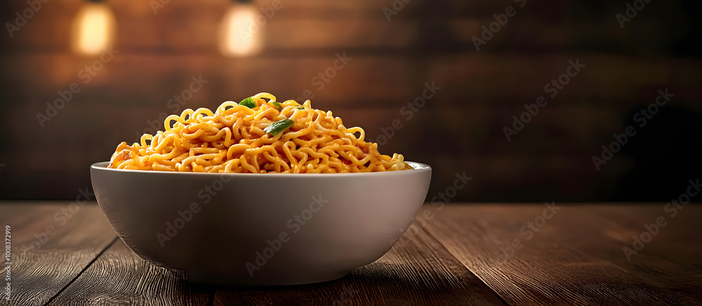 Instant Masala Maggi displayed on dark wood with copy space image Instant Masala Maggi displayed on dark wood with copy space image
