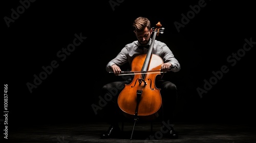Obraz na płótnie Musician playing cello in dramatic lighting, focused concentration on performance.