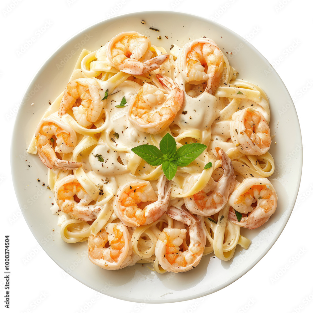 plate of Shrimp Alfredo with fettuccine pasta in cream sauce top view isolated on transparent white background, clipping path plate of Shrimp Alfredo with fettuccine pasta in cream sauce top view isolated on transparent white background, clipping path