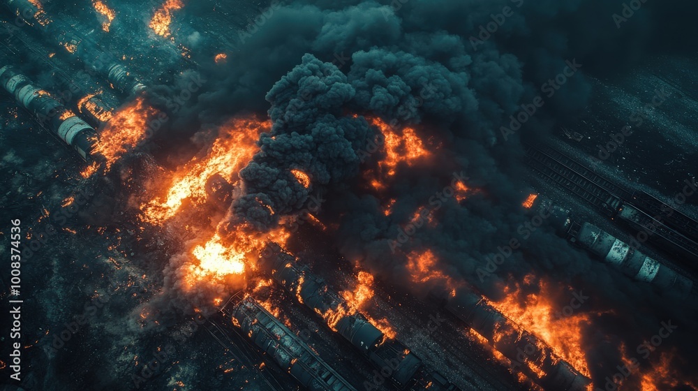 Train Derailment with Flames and Smoke, Aerial Disaster Scene Train Derailment with Flames and Smoke, Aerial Disaster Scene