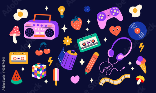 90s 80s 70s Nostalgia. Retro Gadgets, Pop Culture Icons, Bright Colors, vector elements set