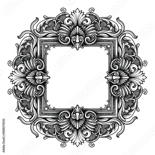 Retro frame holder, hand carved, engraved, detailed hand drawing, vector, vintage