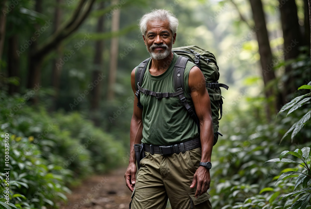 This is a photo of an older black man hiking in the woods. He is wearing a backpack and has gray hair. This is a photo of an older black man hiking in the woods. He is wearing a backpack and has gray hair.