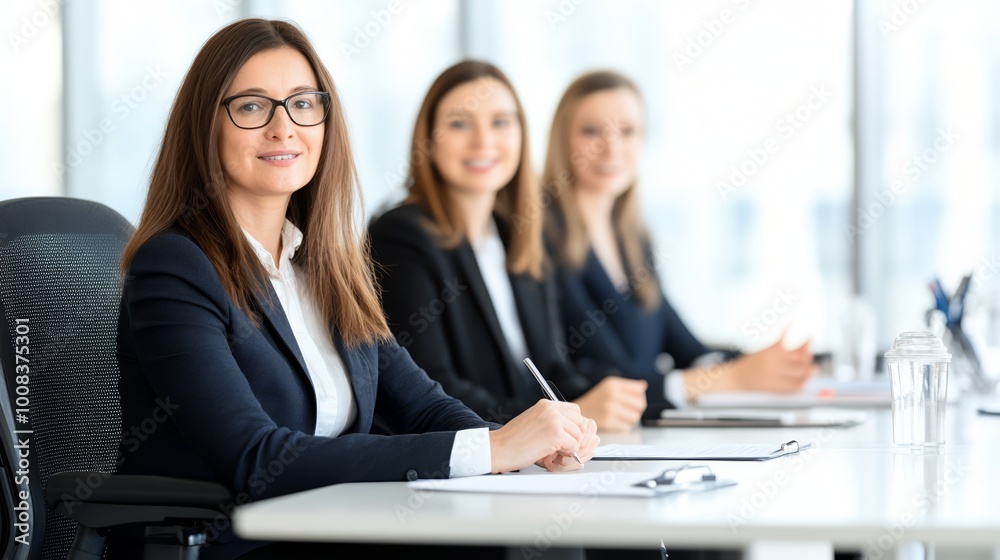 Professional women in business attire at a conference table, focused on discussion. Professional women in business attire at a conference table, focused on discussion.