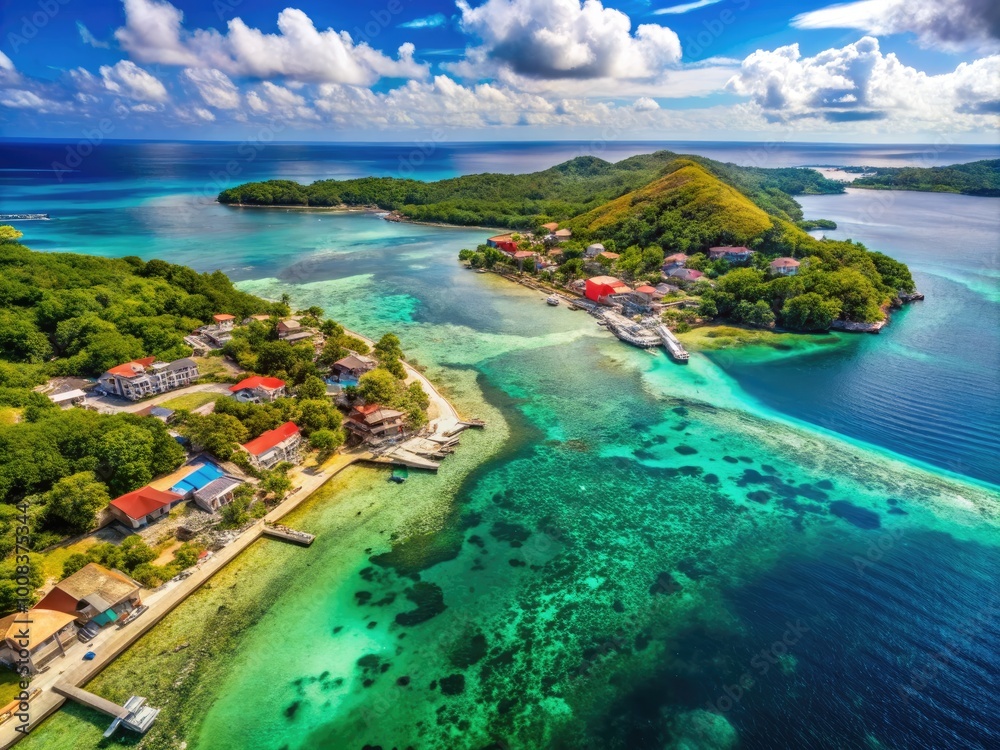 Fototapeta premium Breathtaking aerial view of the tropical paradise island of Roatan in Honduras with clear waters
