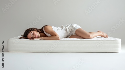 Woman sleeping on white mattress, side view, white background. Young female resting on a plush mattress against a white backdrop. photo