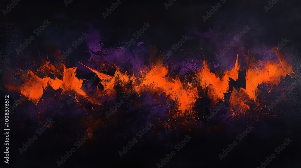 Jagged, abstract forms in glowing orange and deep purple, scattered across a smoky black background, evoking a chaotic Halloween night. Jagged, abstract forms in glowing orange and deep purple, scattered across a smoky black background, evoking a chaotic Halloween night.
