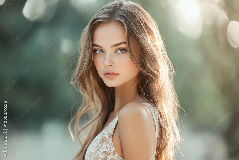 Beautiful young woman with long hair in soft natural light, wearing a lace dress, outdoors with blurred background. Beautiful young woman with long hair in soft natural light, wearing a lace dress, outdoors with blurred background.