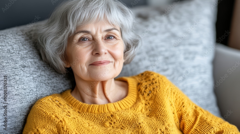Smiling elderly woman relaxing on a couch, cozy sweater, bright indoor setting.