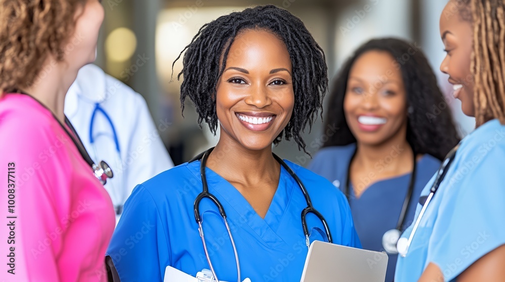 Smiling healthcare professionals in scrubs, standing together, bright environment. Smiling healthcare professionals in scrubs, standing together, bright environment.