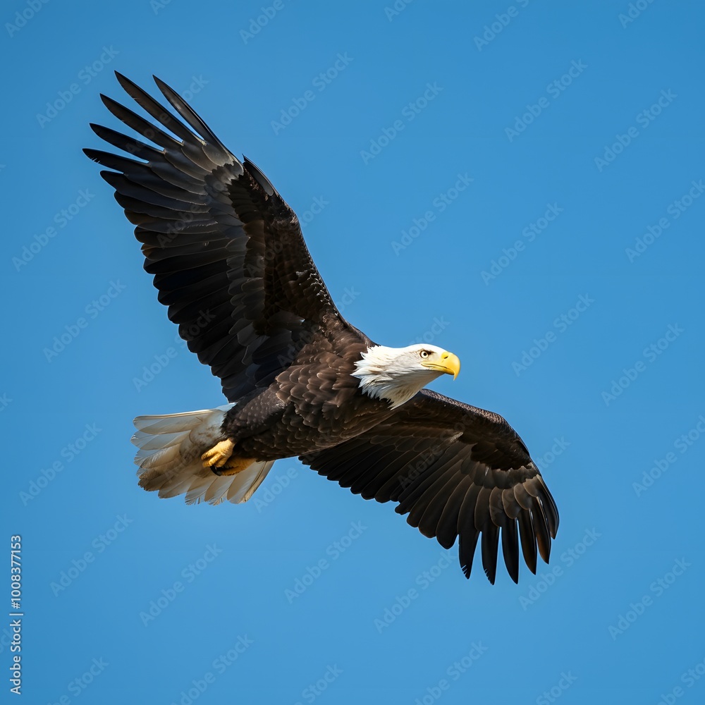 Obraz premium A photorealistic image of a bald eagle soaring through the sky, with its wings outstretched.