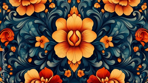 Lively floral artwork with striking orange and red flower patterns throughout image