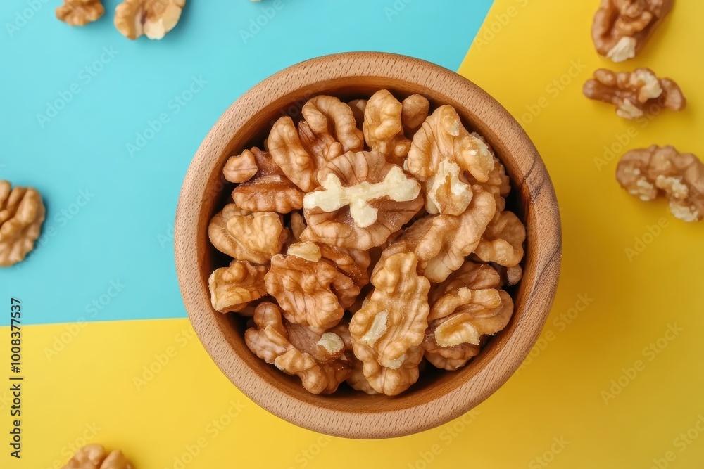 Wooden bowl of walnuts on colorful background Wooden bowl of walnuts on colorful background