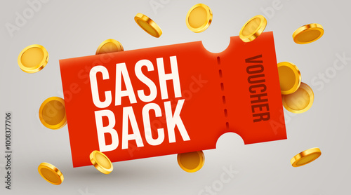 3d coupon with golden coin. Cash back with coupon or vouchers. Gift voucher and gold coin sign template. 3d vector illustration