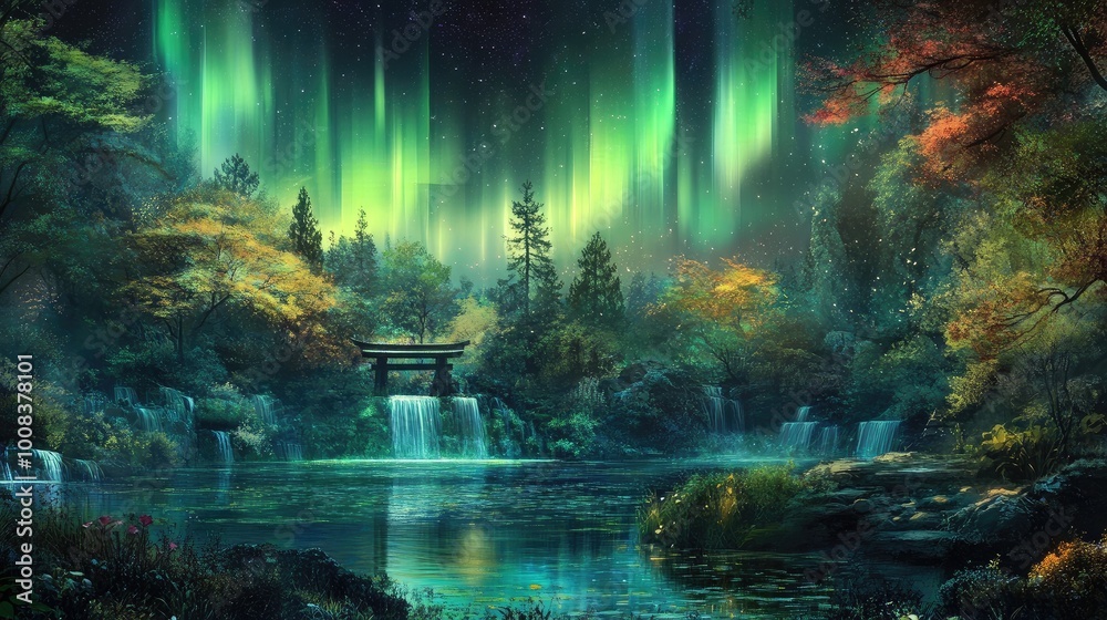 The northern lights dancing over a tranquil garden silhouette, creating a mesmerizing focal point of light that adds magic to the scene. The northern lights dancing over a tranquil garden silhouette, creating a mesmerizing focal point of light that adds magic to the scene.