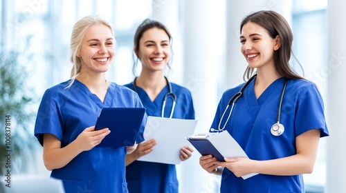 Three medical professionals smiling and discussing in a hospital setting. photo