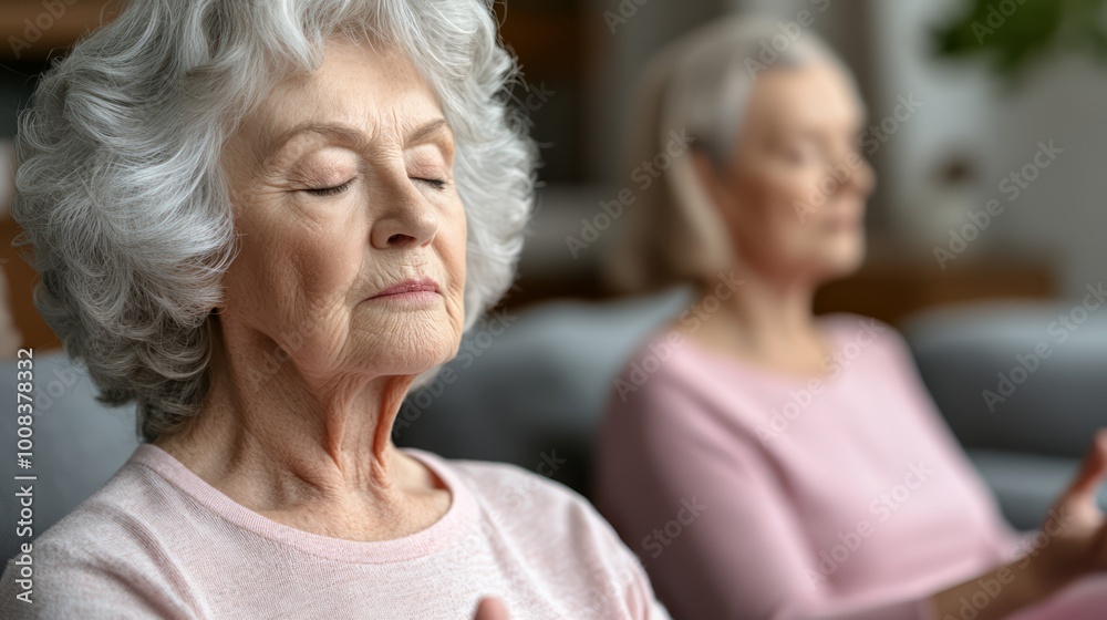 Two elderly women meditating in a peaceful indoor setting, serene expressions. Two elderly women meditating in a peaceful indoor setting, serene expressions.