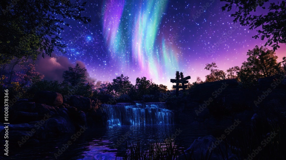 The northern lights shimmering above a tranquil garden, with a beautiful focal point of light illuminating the natural silhouette below. The northern lights shimmering above a tranquil garden, with a beautiful focal point of light illuminating the natural silhouette below.