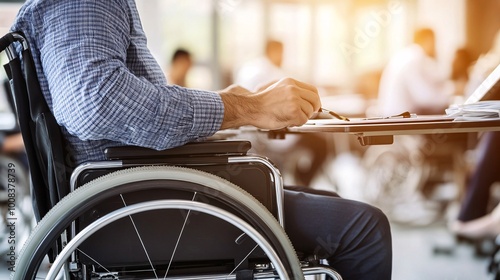 A man in a wheelchair and writing a job application