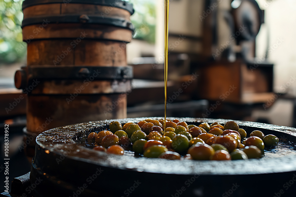 Fresh olives and olive oil with an oil press showcasing the traditional extraction process Fresh olives and olive oil with an oil press showcasing the traditional extraction process
