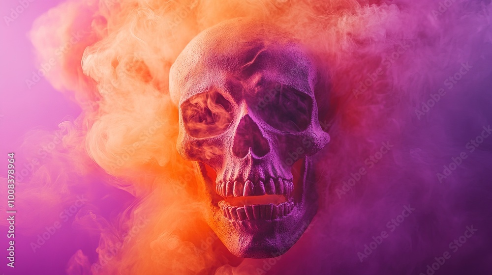 Skull on a solid purple background, orange smoke goes 