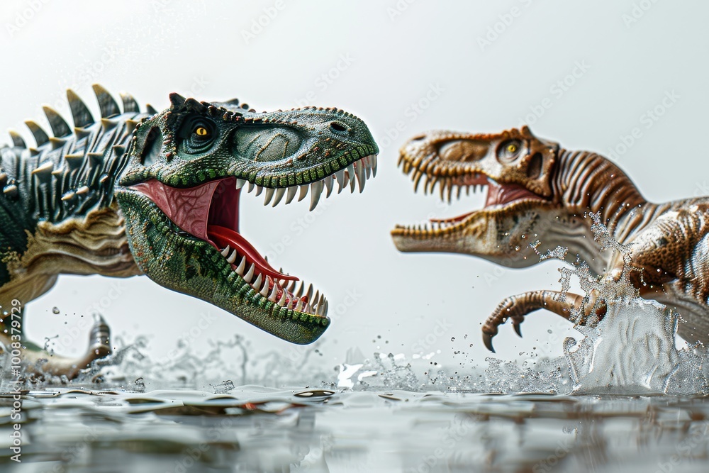 Fototapeta premium Two dinosaurs are fighting on a white background