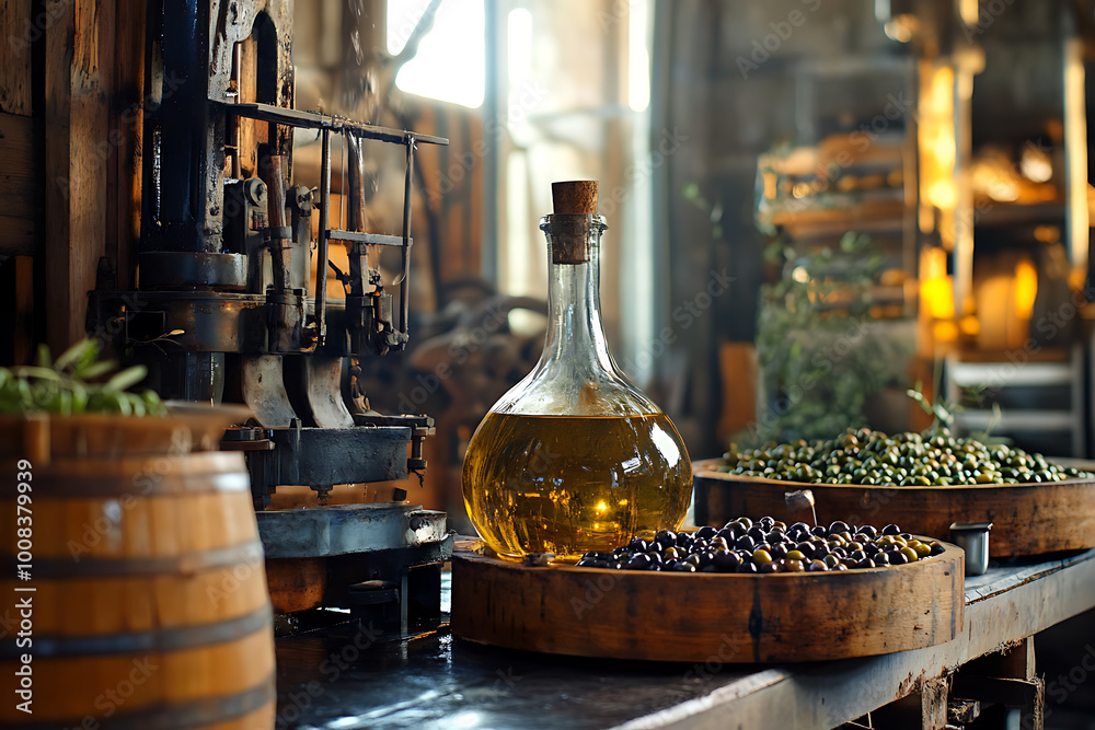Fresh olives and olive oil with an oil press showcasing the traditional extraction process Fresh olives and olive oil with an oil press showcasing the traditional extraction process