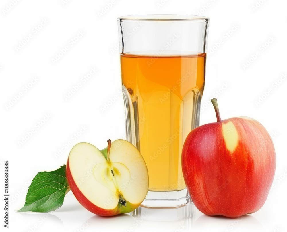 A glass of apple juice and an apple against a white background, emphasizing the natural look and texture of the fruit and beverage. A glass of apple juice and an apple against a white background, emphasizing the natural look and texture of the fruit and beverage.